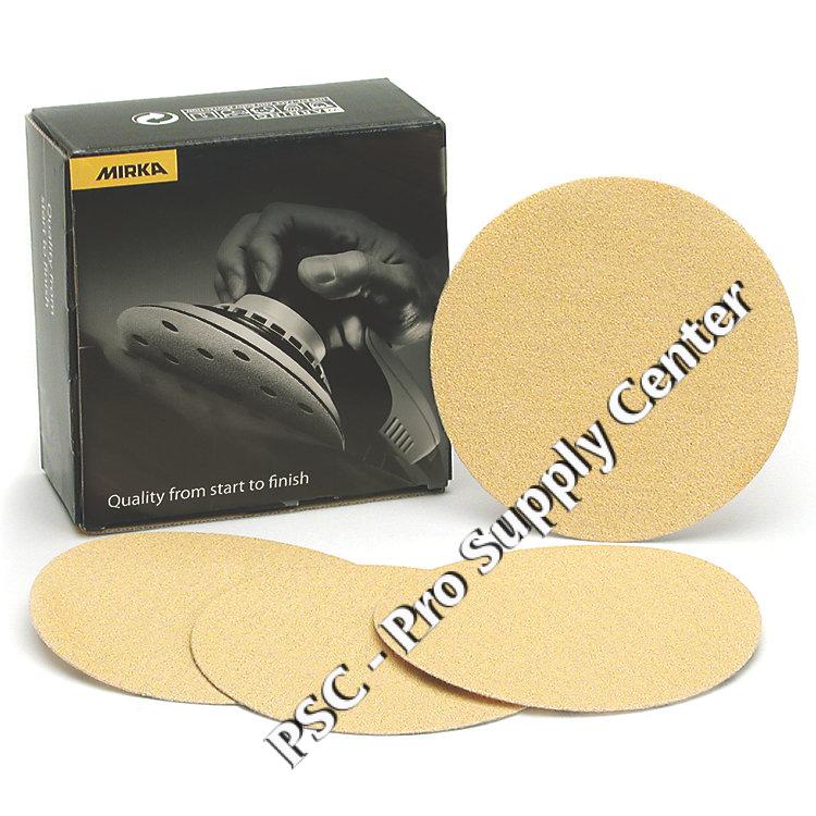 Mirka 6 Inch Gold No Hole Hook and Loop 36 500 Grit Sanding Discs 