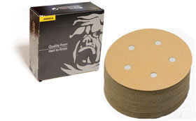 Gold 5 Inch 5 Hole Vacuum Hook n Loop 60 - 80 Grit Discs by Mirka Abrasives